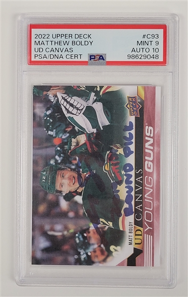 Matt Boldy Autographed & Inscribed 2022 Upper Deck UD Canvas Rookie Card PSA 9 Auto 10