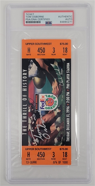 Tom Osborne Autographed 1996 Orange Bowl Ticket From 63rd Game PSA/DNA Authentic