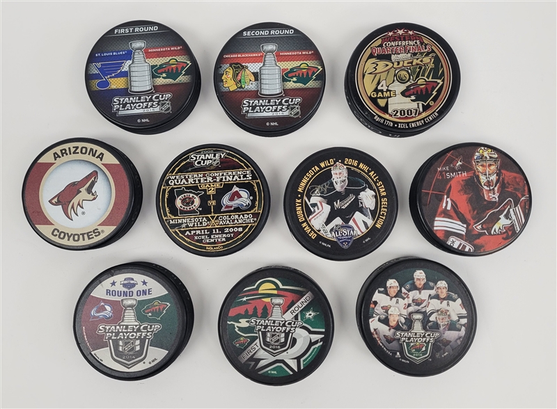 Lot of 10 Minnesota Wild & Arizona Coyotes Commemorative Hockey Pucks