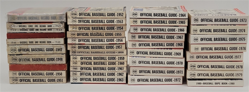 Large Lot of (66) Spink/Sporting News Official Baseball Guides From 1942-2006
