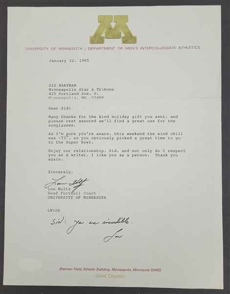 Lou Holtz 1985 Minnesota Gophers Signed Letter to Sid Hartman JSA