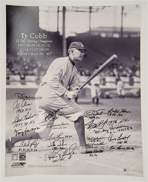 Batting Champions Multi-Signed & Inscribed 16x20 Ty Cobb Photo w/ Kirby Puckett & Rod Carew