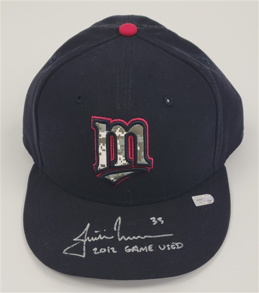 Justin Morneau 2012 Minnesota Twins Game Used & Autographed Memorial Day Hat MLB