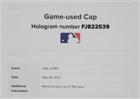 Justin Morneau 2012 Minnesota Twins Game Used & Autographed Memorial Day Hat MLB