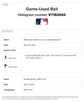 Mike Trout Game Used & Autographed Baseball from 05-06-22 Nationals @ Angels MLB