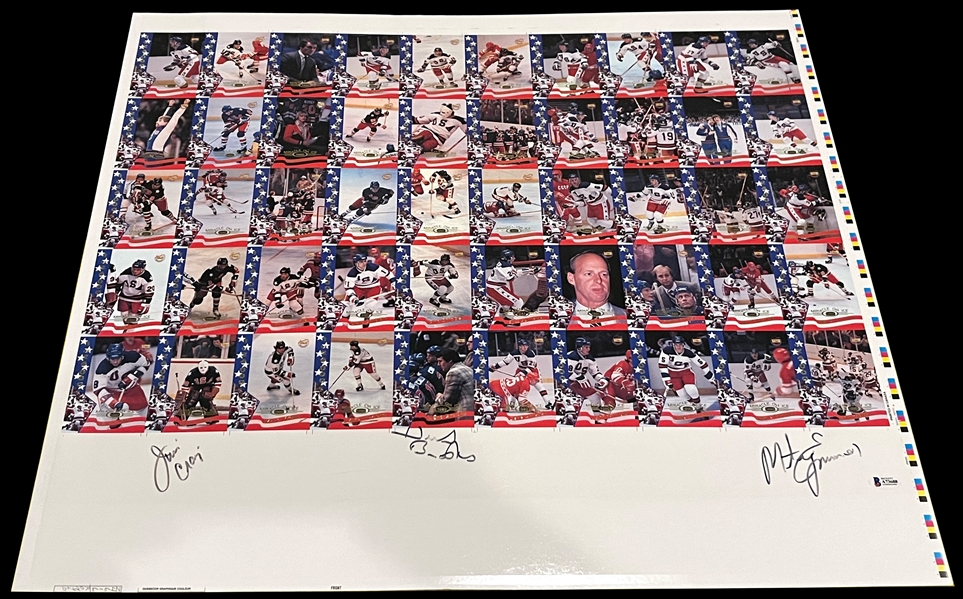 Herb Brooks Mike Eruzione & Jim Craig Autographed 1980 Olympic Hockey Team Uncut Card Sheet 25x28 Beckett LOA