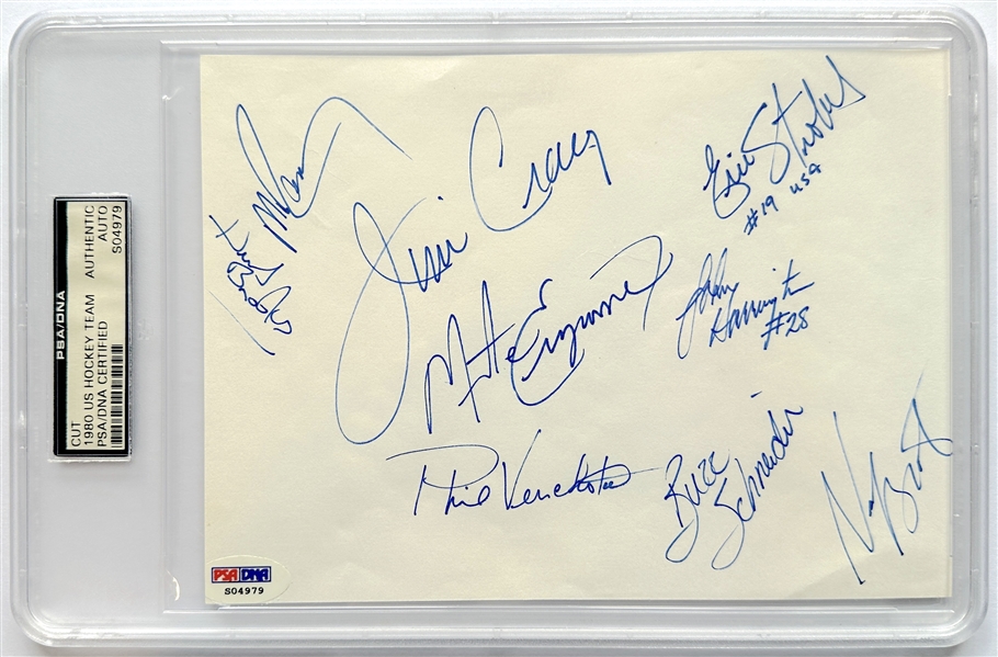 Herb Brooks Autographed 1980 US Olympic Hockey Team Signed 8x6 Cut w/ 9 Signatures PSA/DNA Encapsulated