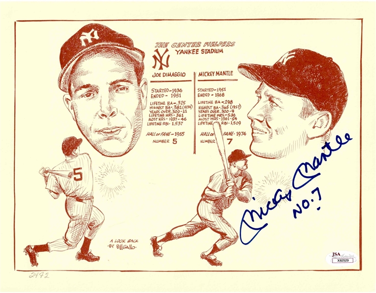 Mickey Mantle Autographed Bill Gallo Art Print 9x11.5 Inscribed No. 7 JSA LOA