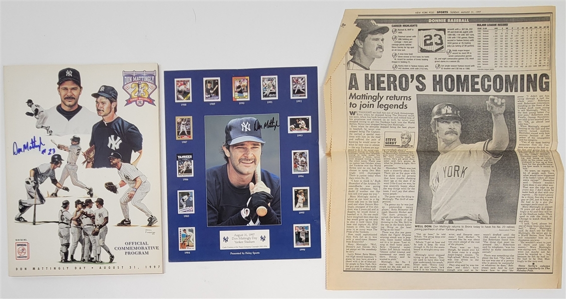 Don Mattingly Autographed Lot of (2) - 1997 Commemorative Program & Stat Sheet From Don Mattingly Day