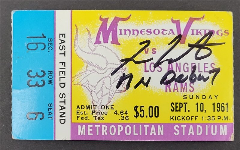 Fran Tarkenton Autographed & Inscribed 1961 Minnesota Vikings Met Stadium Debut Ticket