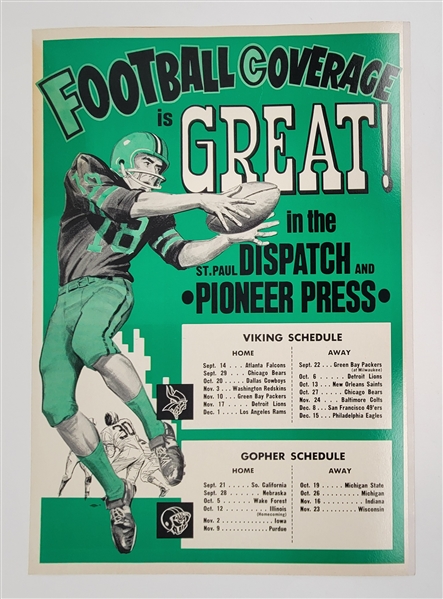 Minnesota Vikings & Gophers Vintage 1968 Calendar Schedule
