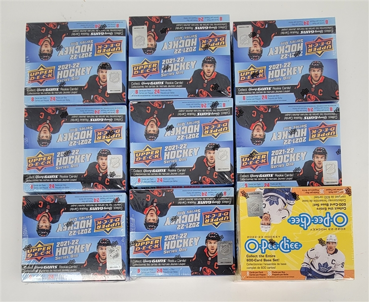 Lot of (10) Factory Sealed Upper Deck & O-Pee-Chee Hockey Boxes Ranging From 2021-23