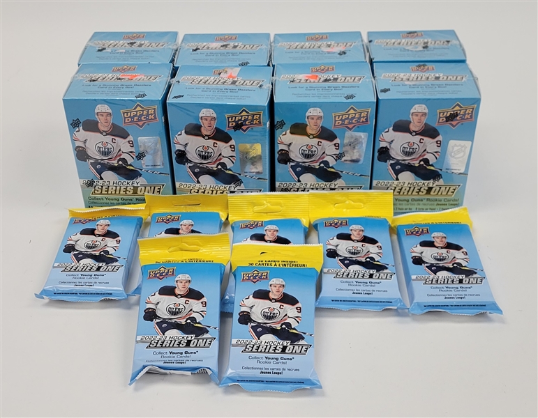 Lot of (15) Factory Sealed 2022-23 Upper Deck Hockey Series 1 Blaster Boxes & Hanger Packs
