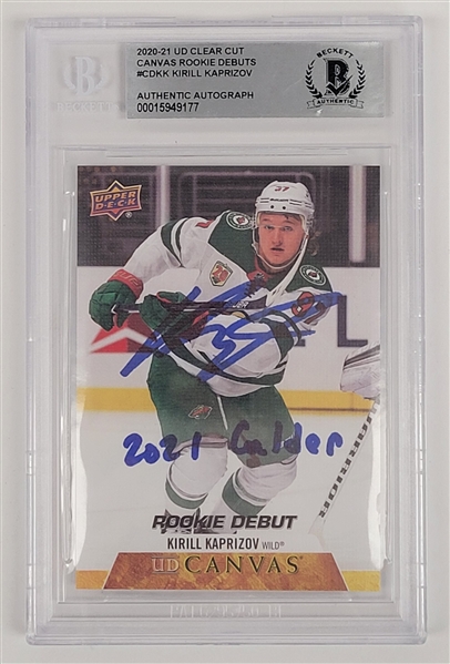 Kirill Kaprizov Autographed & Inscribed 2020-21 UD Clear Cut Canvas Rookie Debut Rookie Card BGS