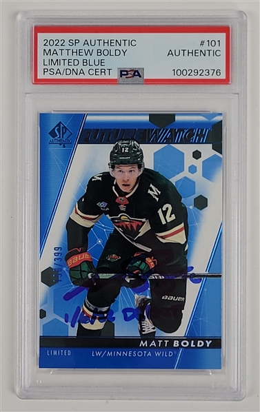 Matt Boldy Autographed & Inscribed 2022 SP Authentic #101 Limited Blue Rookie Card LE #198/399 PSA/DNA Authentic