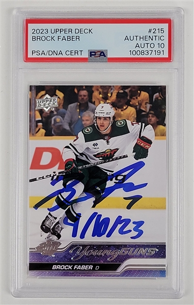 Brock Faber Autographed & Inscribed 2023 Upper Deck #215 Young Guns Rookie Card PSA Auto 10