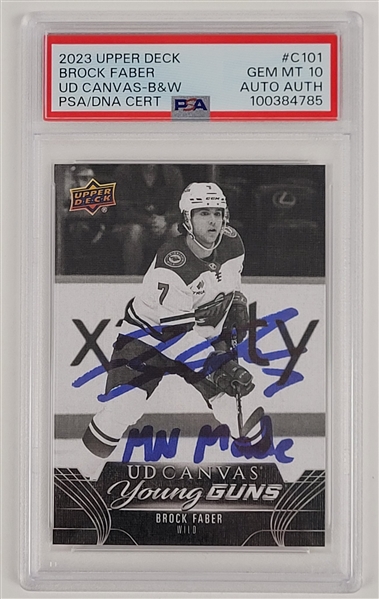 Brock Faber Autographed & Inscribed 2023 Upper Deck UD Canvas B&W Rookie Card PSA 10
